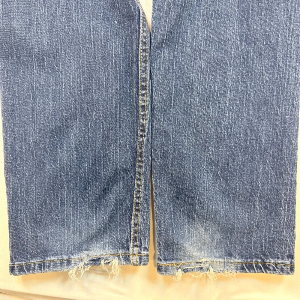 Levi's 505 Jeans Mens 38x34 Regular Fit Straight Leg Blue Denim Distressed Hem